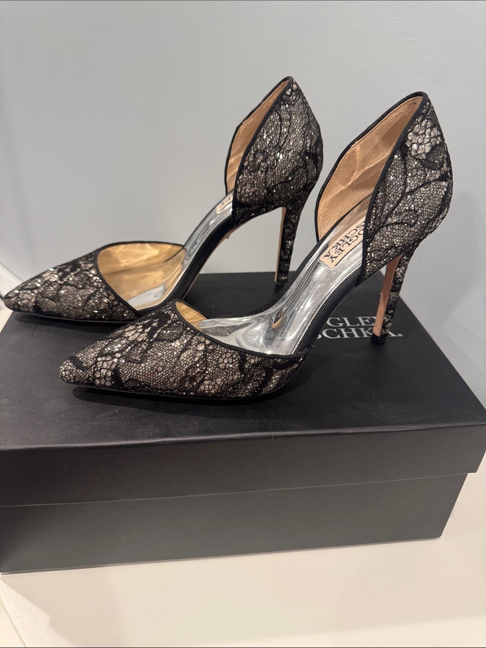 Badgley Mischka Black Lace D'Orsay Pumps with Silver Lining